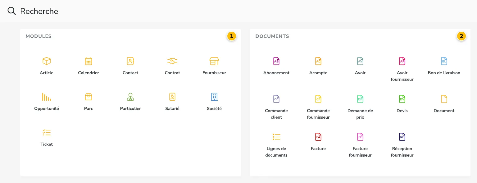 Accueil du module Recherche : blocs Modules et Documents