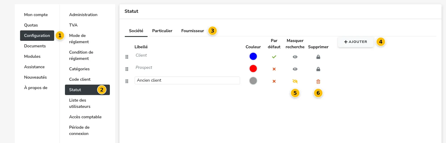 Écran Configuration > Statut, onglet Société, avec un statut « Ancien client » masqué de la recherche