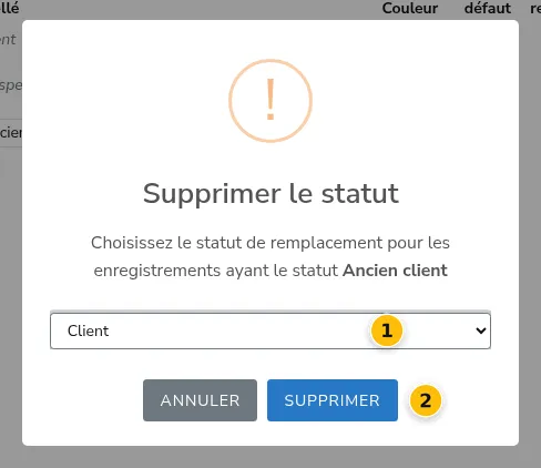 Fenêtre « Supprimer le statut » avec le choix du statut de remplacement