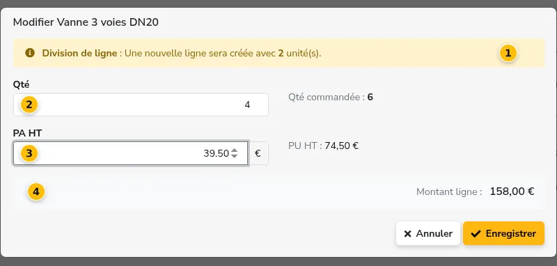 La fenêtre de modification d'une ligne