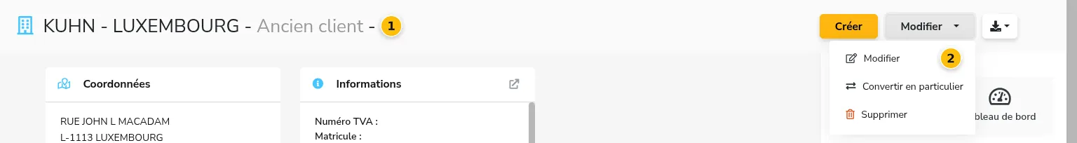 Titre d'une fiche société avec son statut, et menu Modifier ouvert