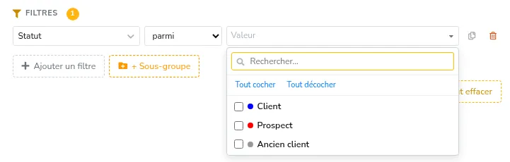Filtre sur une liste : cases à cocher avec la couleur de chaque statut