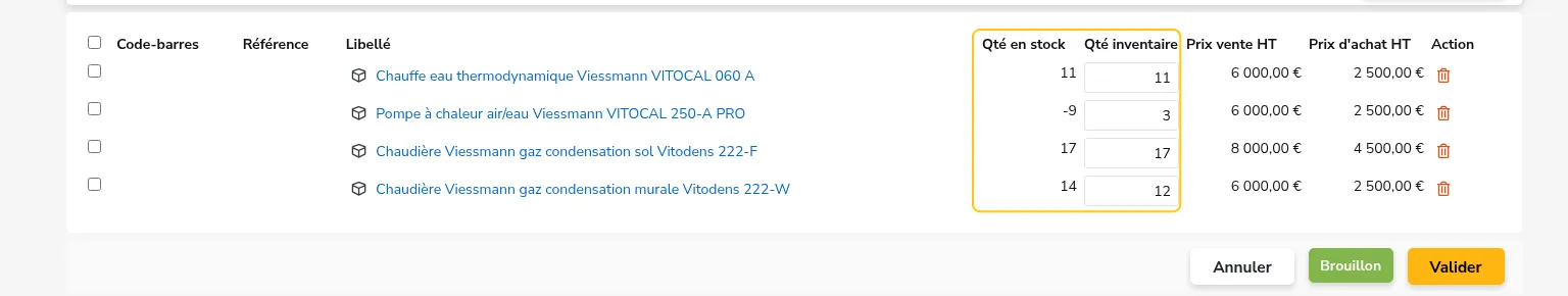 Lignes d'inventaire avec les quantités en stock et comptées