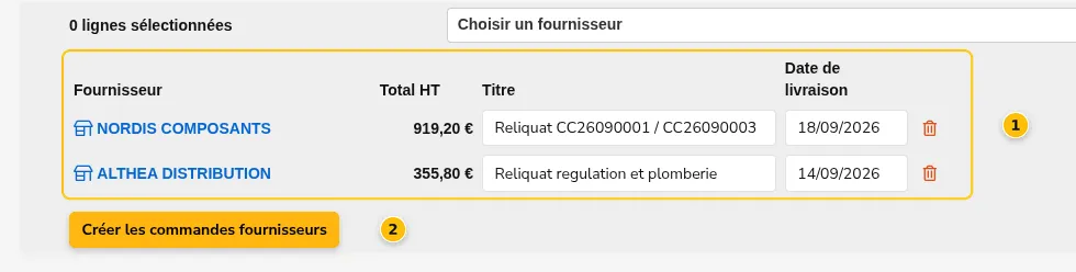 Le récapitulatif des commandes à créer