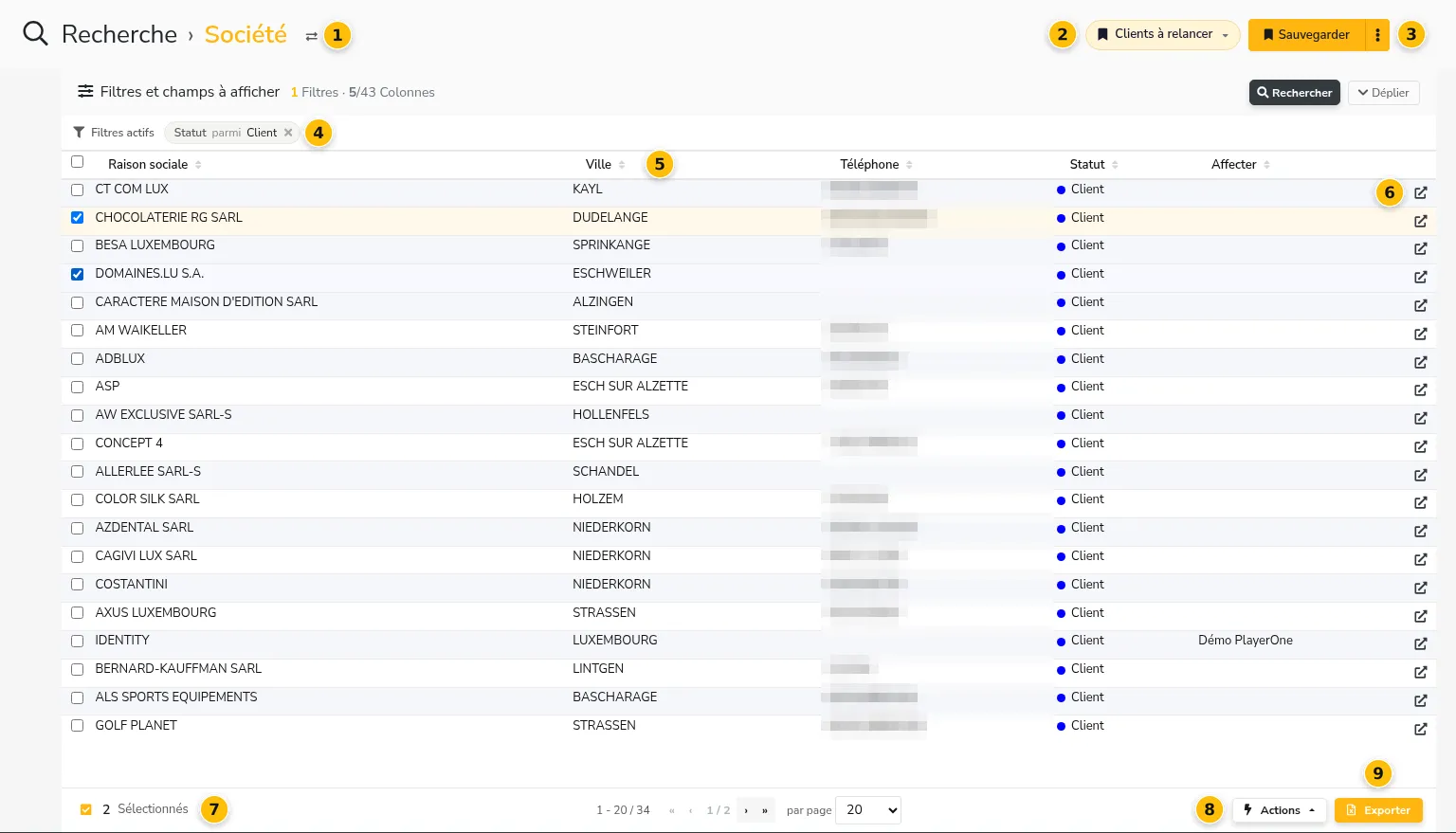 Tableau de résultats : filtres actifs, colonnes triables, sélection et boutons Actions et Exporter