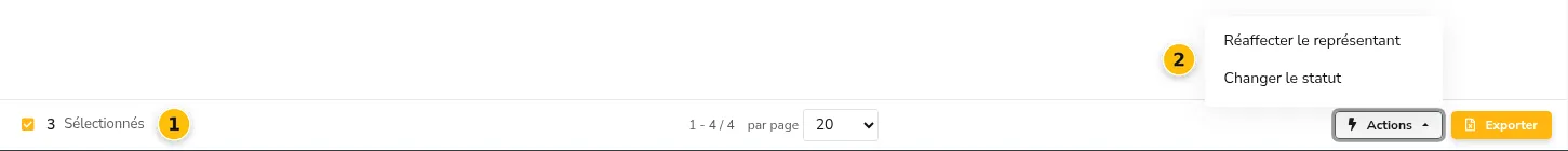 Pied du tableau : 3 lignes sélectionnées et menu Actions ouvert