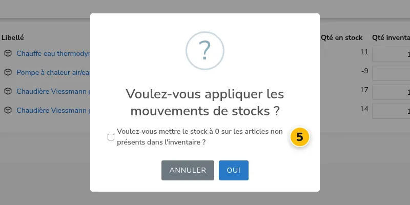 Confirmation de validation avec l'option de remise à zéro