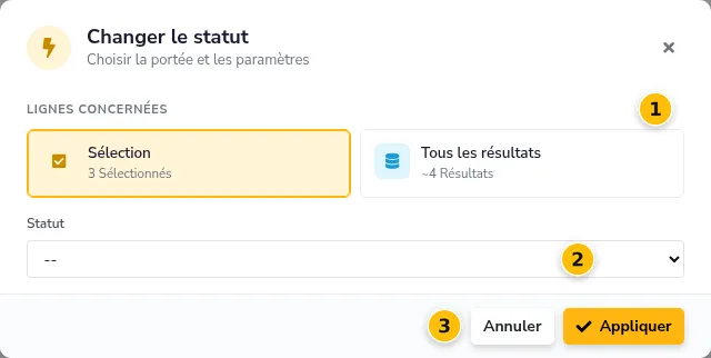 Fenêtre « Changer le statut » : lignes concernées et nouveau statut