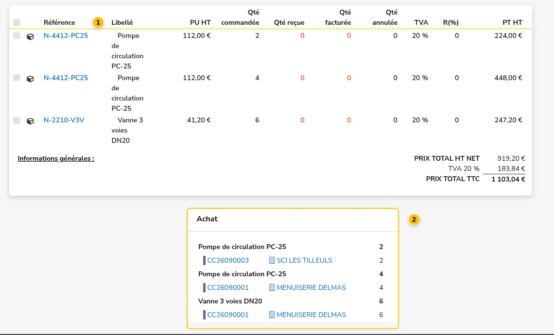 Une commande fournisseur issue du module Achat