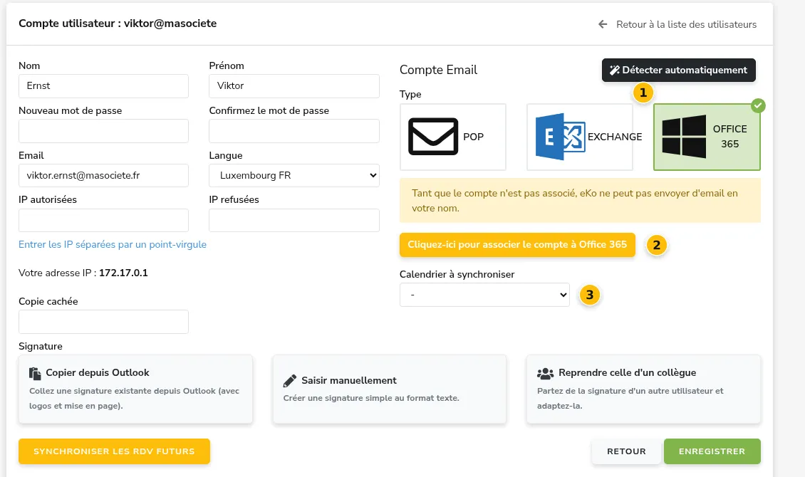 Compte Office 365 à associer