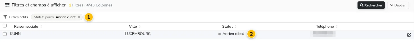 Module Recherche : filtre Statut sur le statut masqué