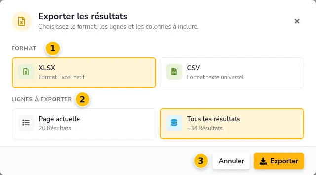 Fenêtre « Exporter les résultats » : format et lignes à exporter
