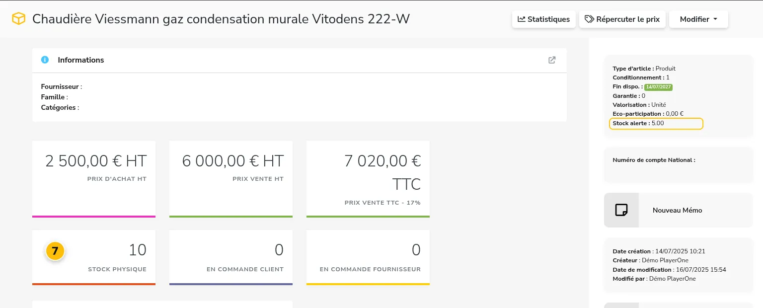 Fiche article avec les tuiles de stock et le seuil d'alerte