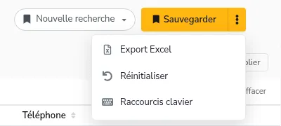 Menu ⋮ : Export Excel, Réinitialiser, Raccourcis clavier
