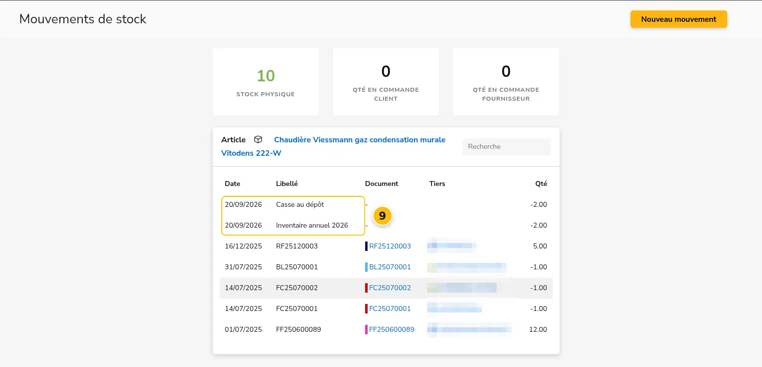 Historique des mouvements de stock d'un article
