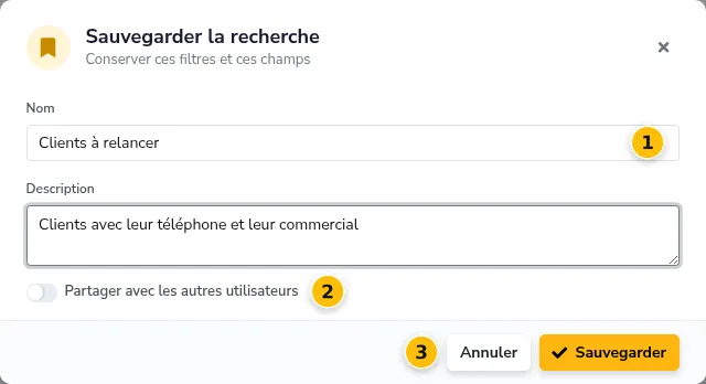 Fenêtre « Sauvegarder la recherche » : nom, description, partage