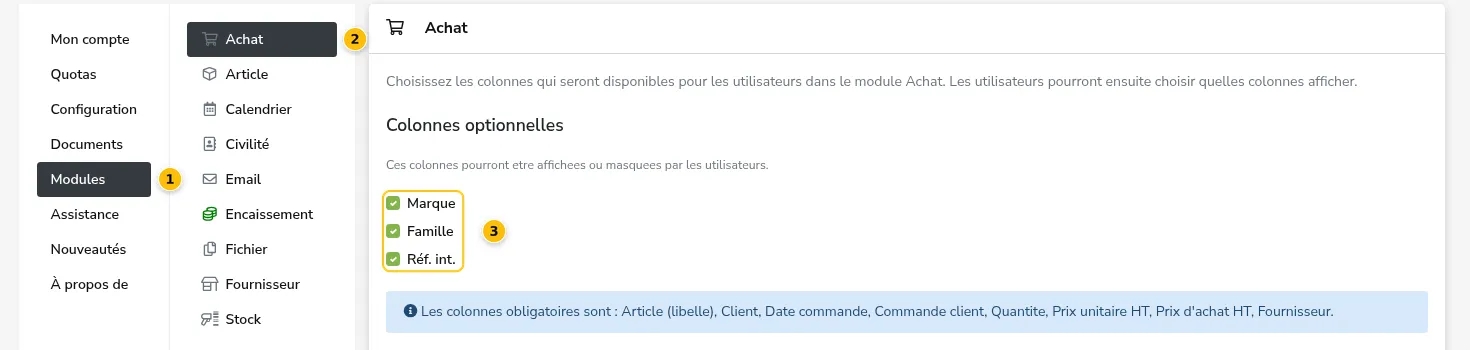 Le paramétrage des colonnes par l'administrateur