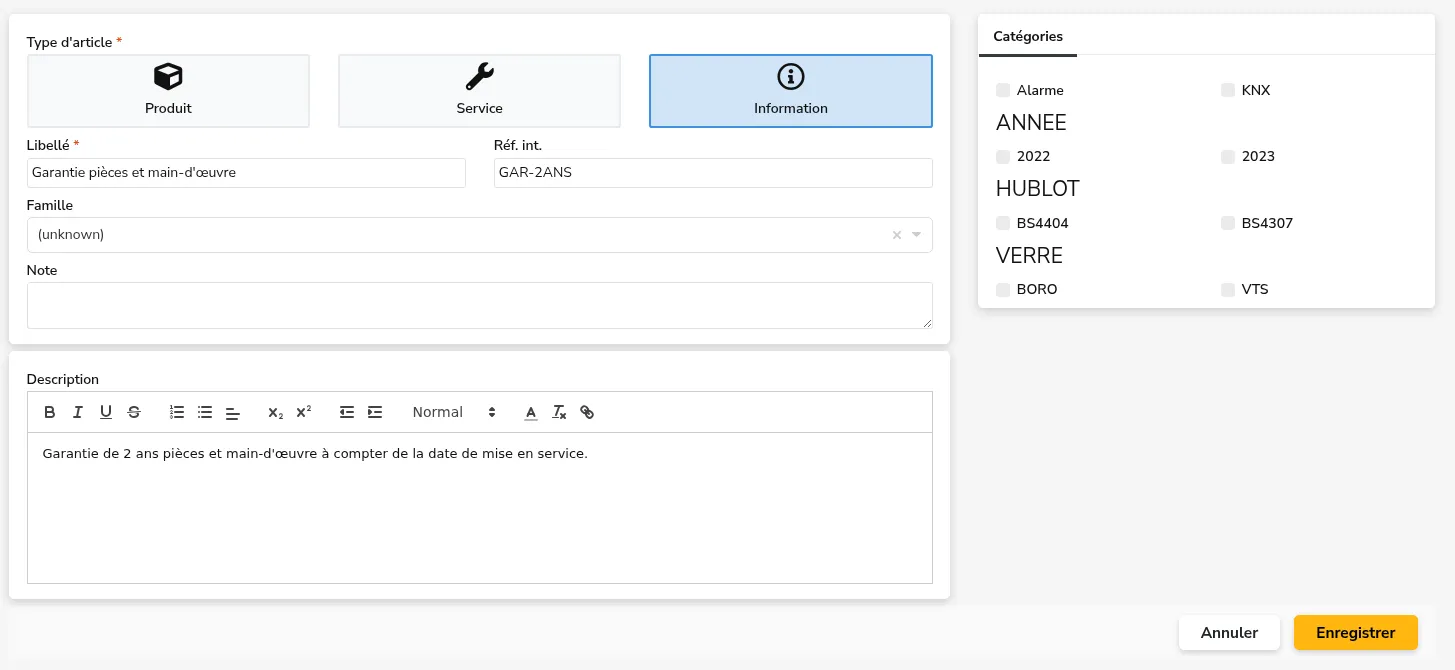 Formulaire d’un article de type Information