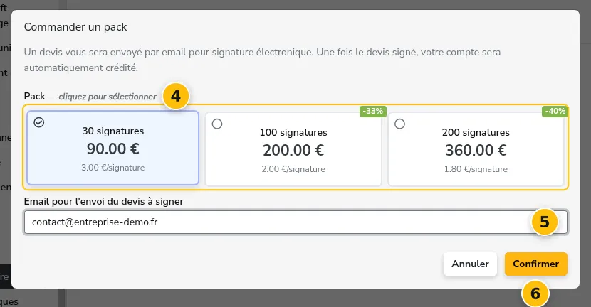 La fenêtre de commande d’un pack de signatures