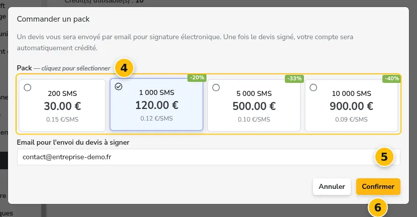 La fenêtre de commande d’un pack de SMS