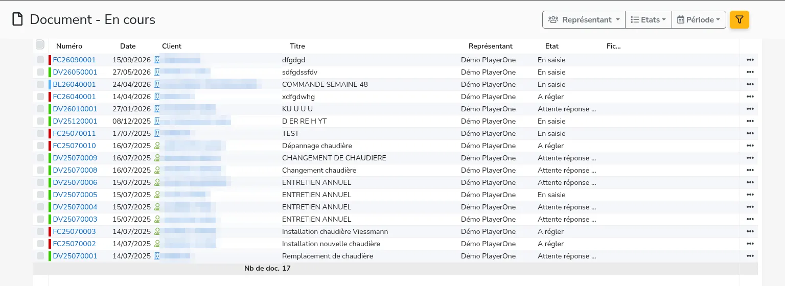 Liste des documents commerciaux, point de départ de l'export