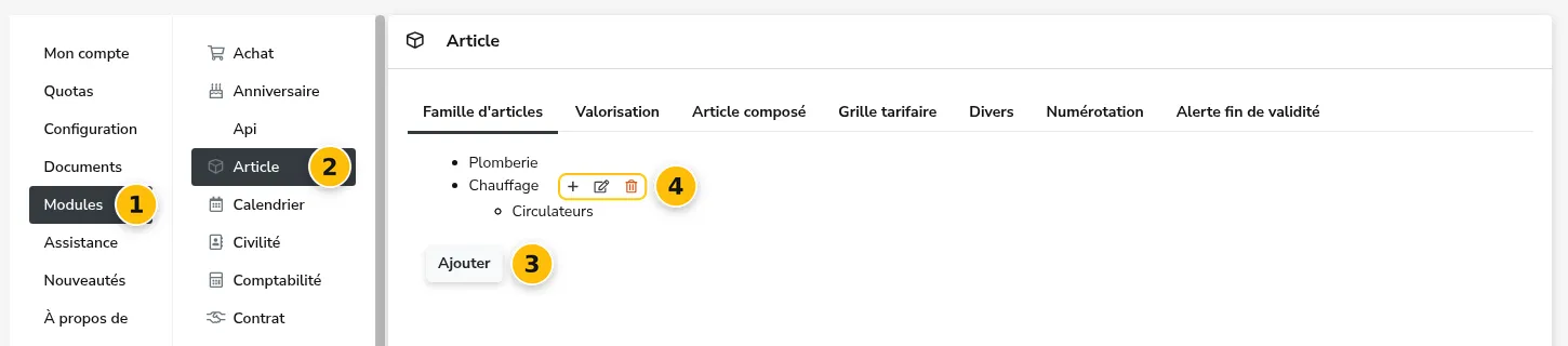 Config > Modules > Article, onglet Famille d’articles
