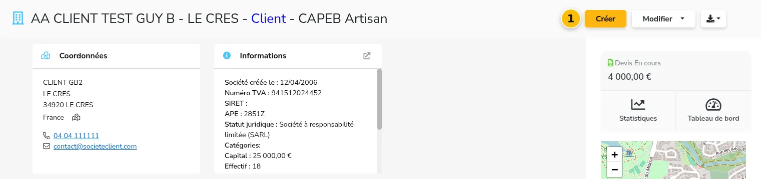 Le bouton Créer de la fiche société
