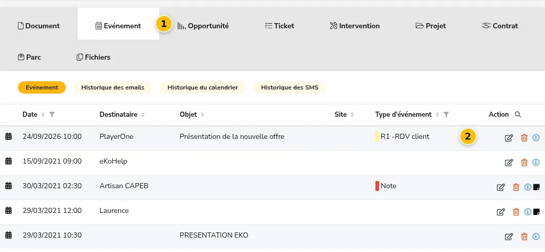 L’onglet Evénement de la fiche