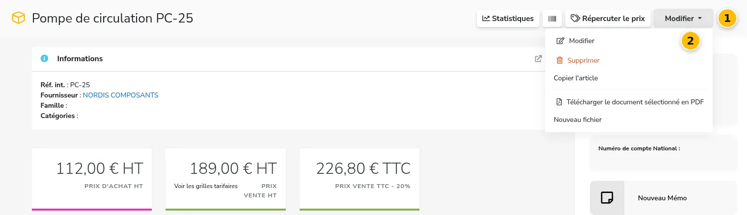 Menu Modifier de la fiche article