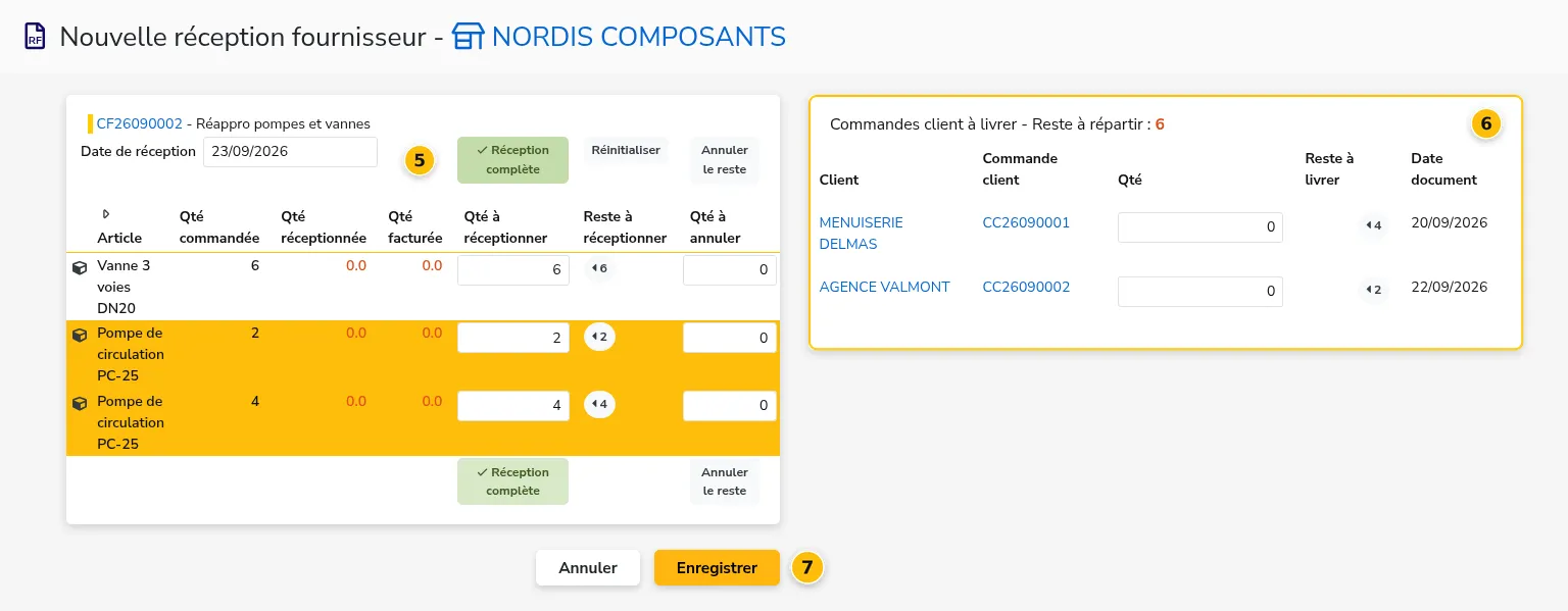L’écran de réception fournisseur