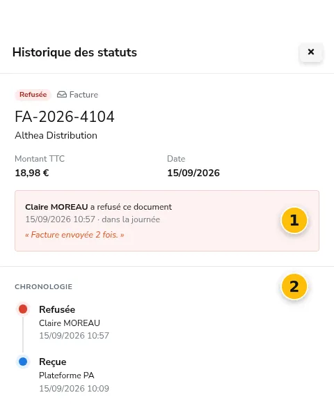 L'historique d'une facture refusée