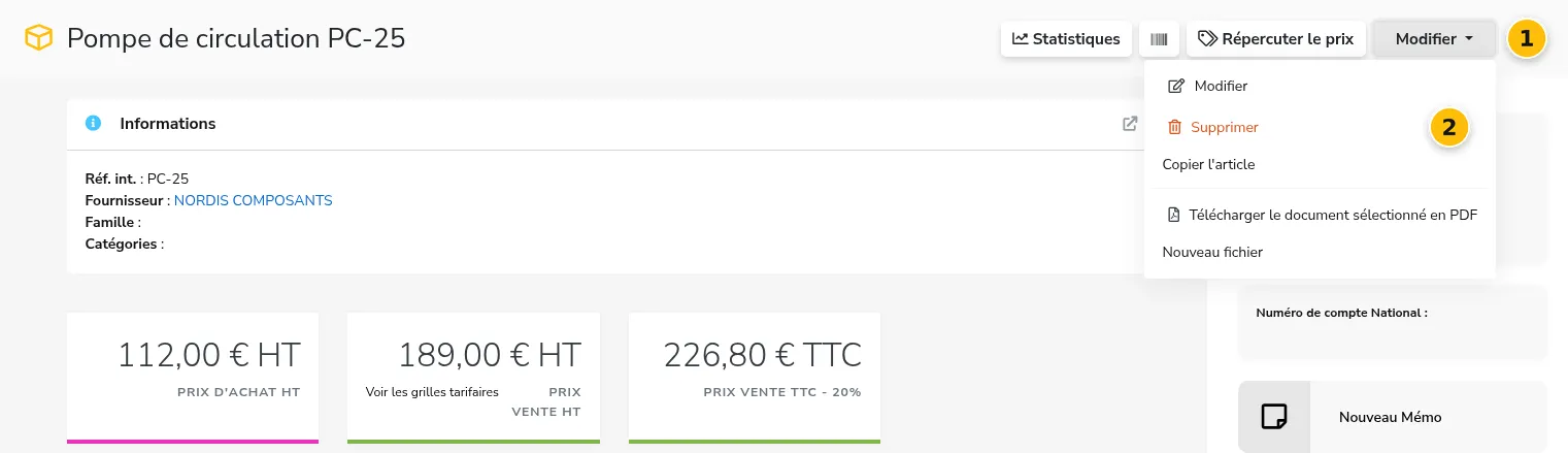 Supprimer un article depuis le menu Modifier