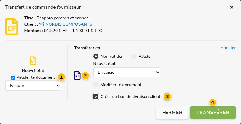 Transférer la commande fournisseur en réception