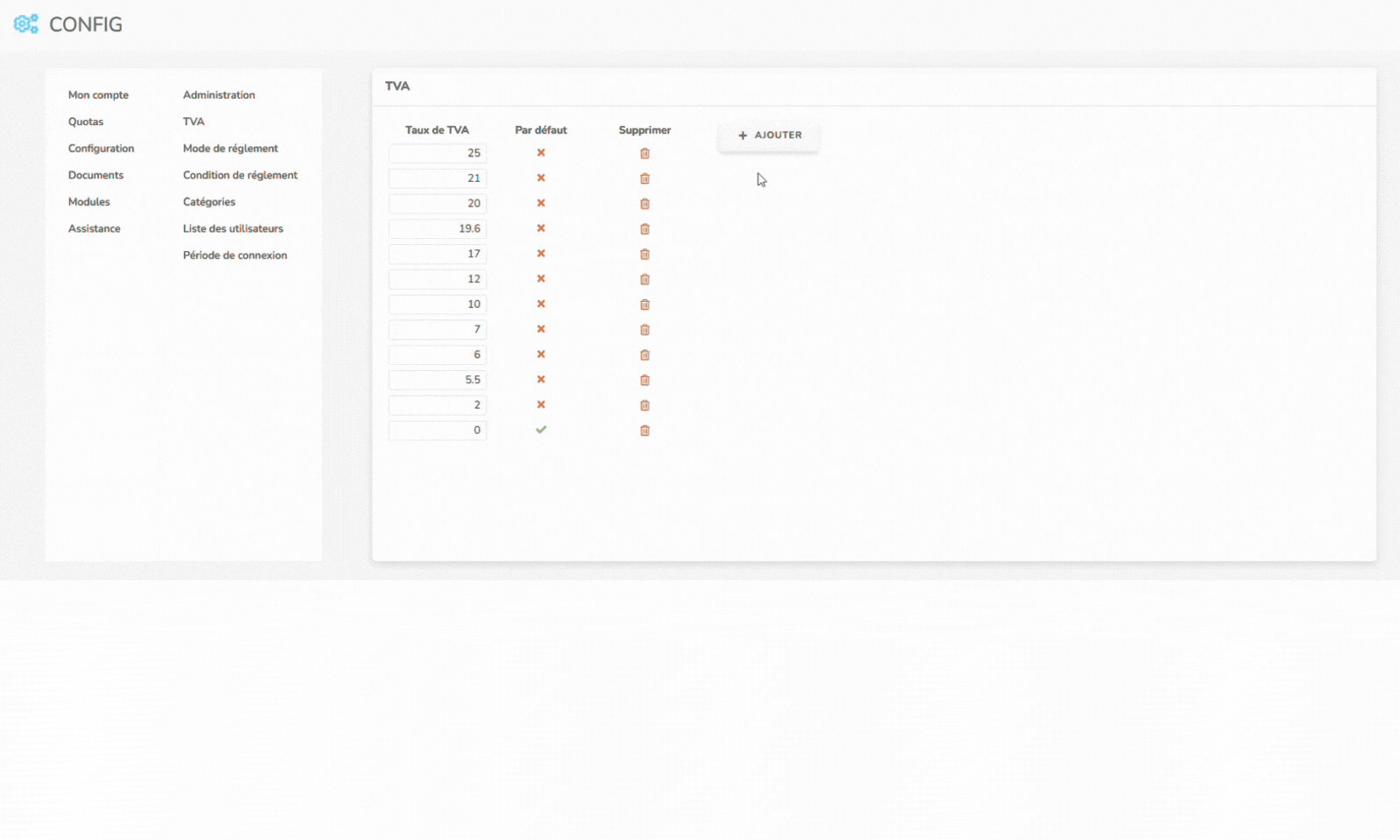 Modifier les taux de TVA