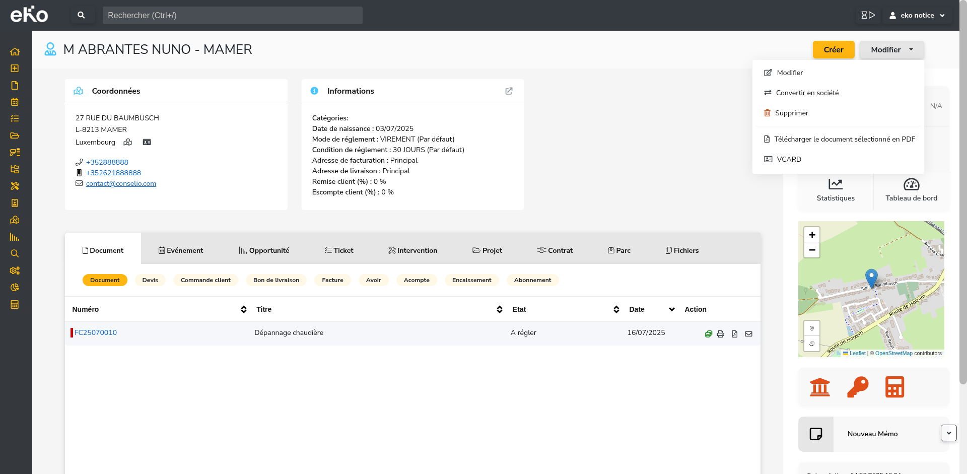 Menu Modifier avec option Convertir en société