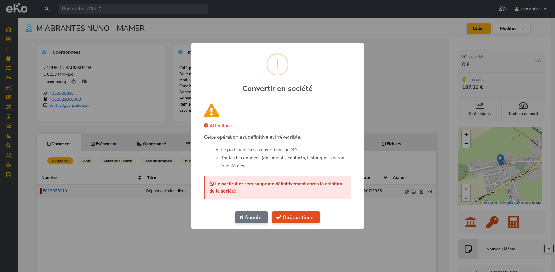 Pop-up de confirmation de conversion en société