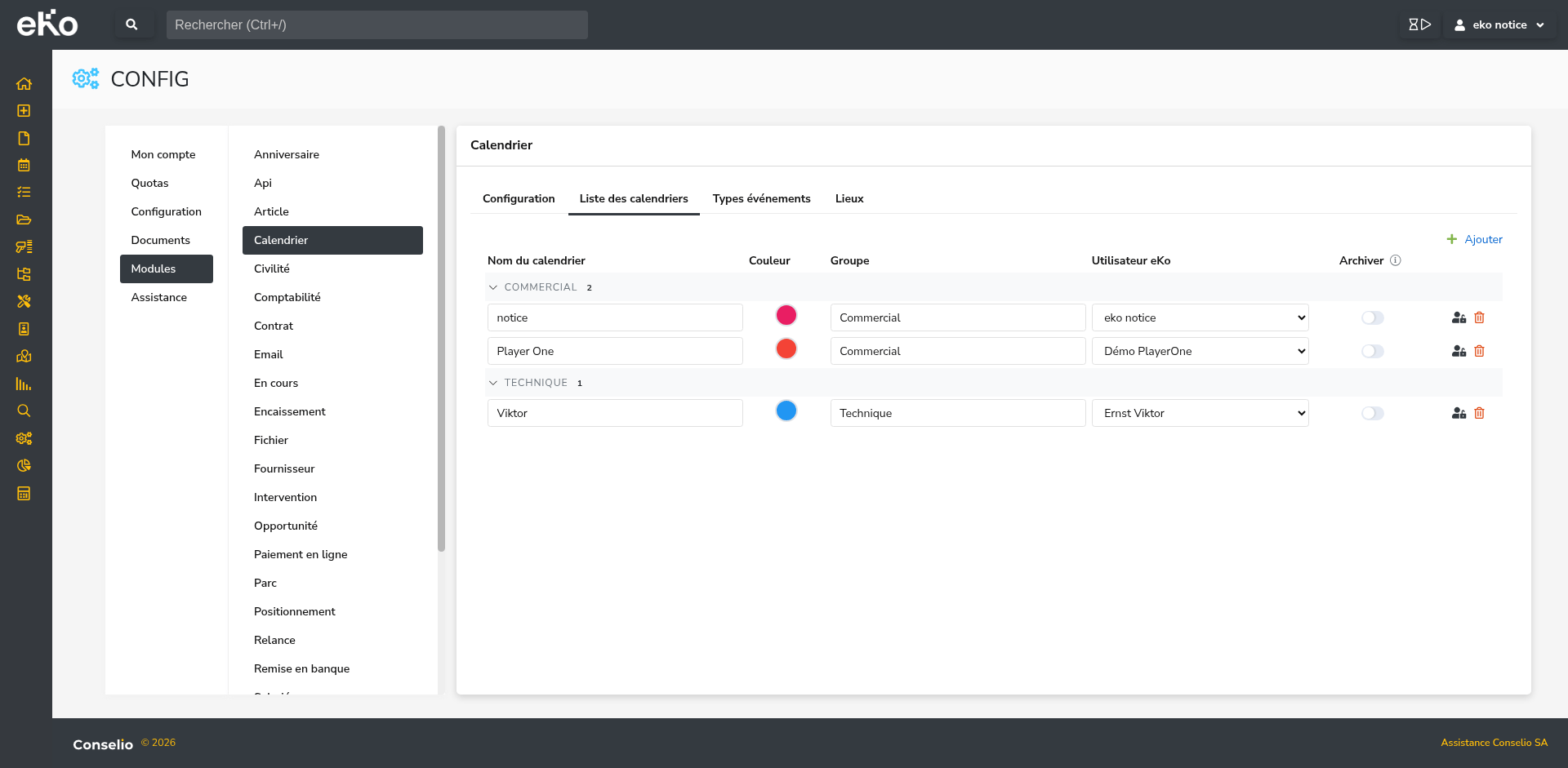 Groupes de calendrier dans eKo CRM