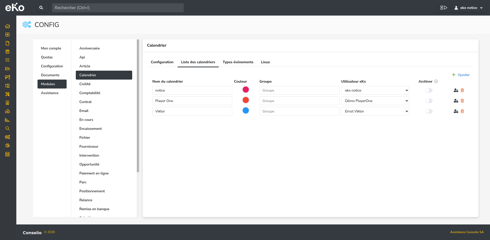 Liste des calendriers avec option Archiver dans eKo CRM