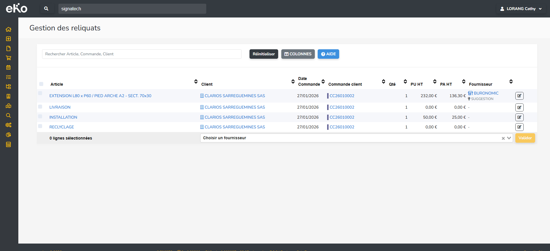 Vue Gestion des reliquats avec suggestion fournisseur automatique