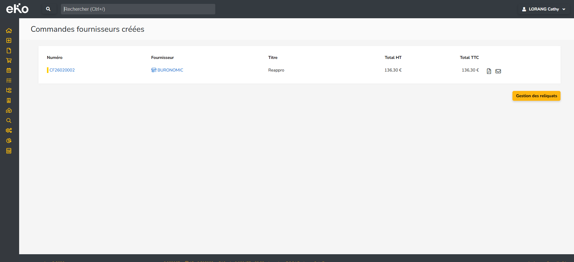 Récapitulatif des commandes fournisseurs créées