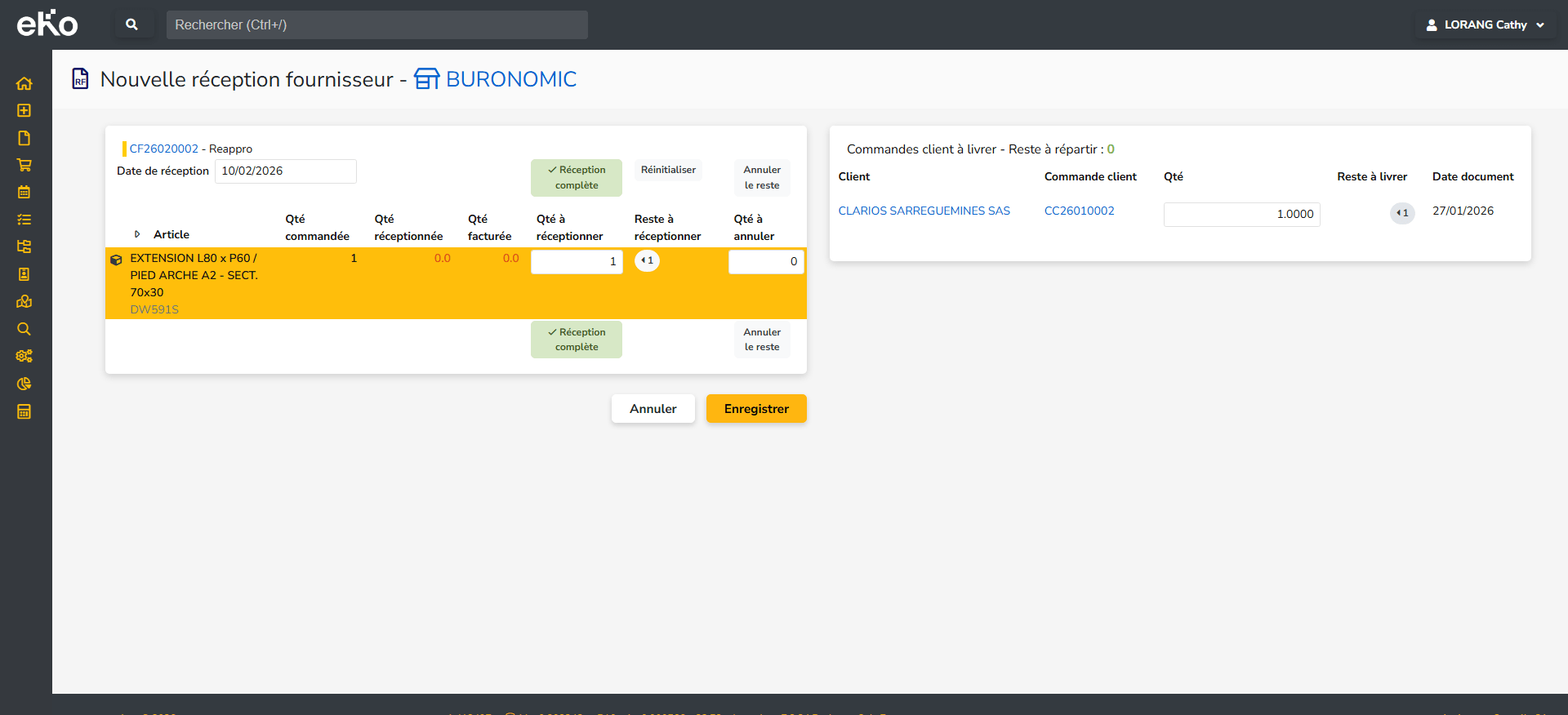 Bon de réception fournisseur avec lien vers les commandes clients