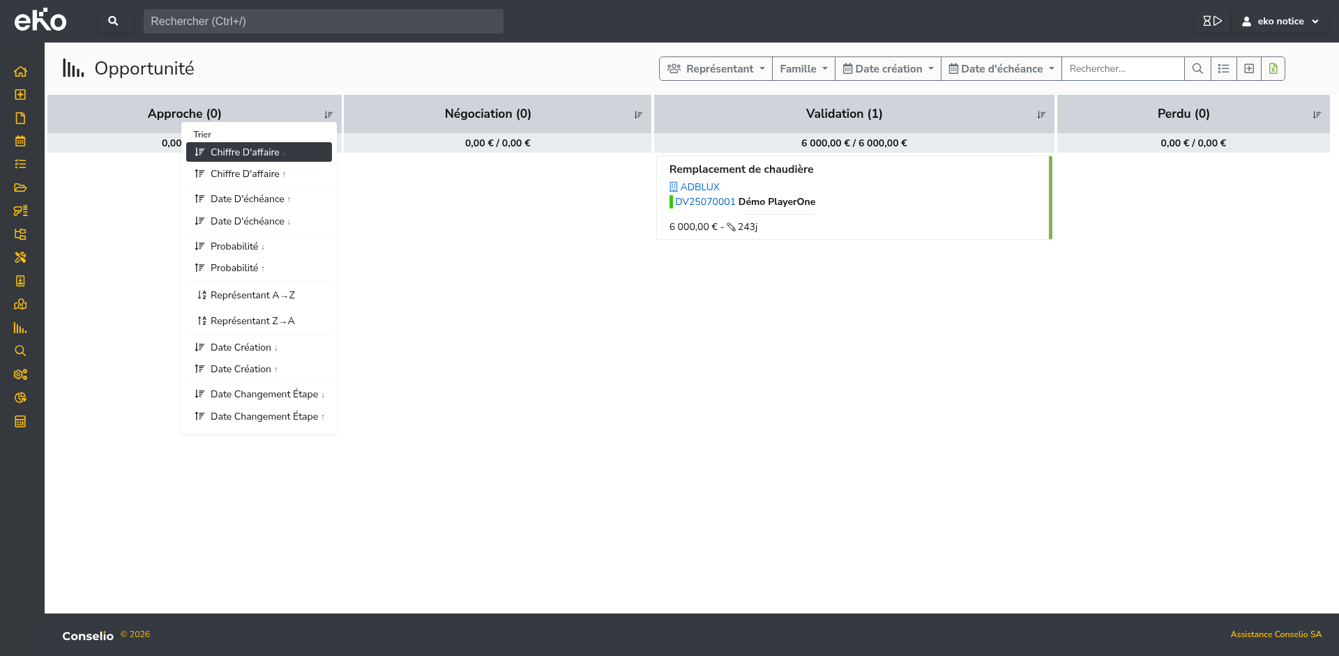 Options de tri dans le module Opportunité
