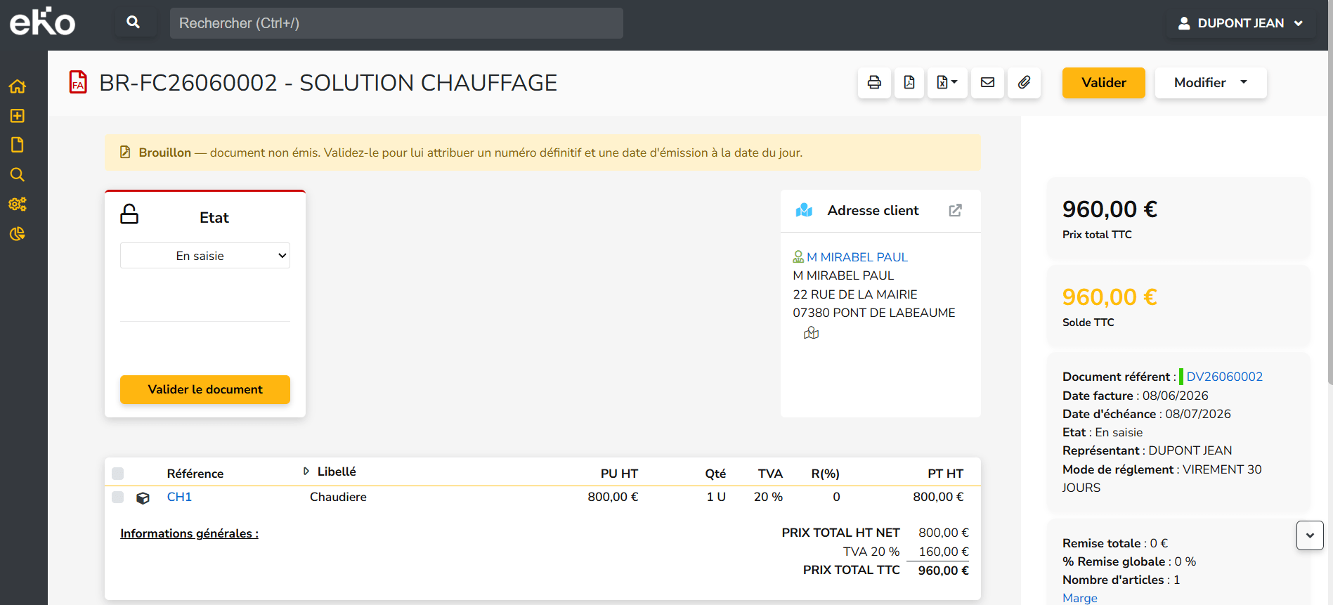 Facture en mode brouillon BR-