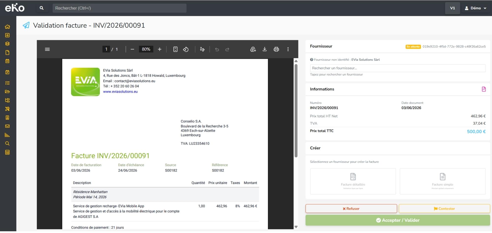 Validation d’une facture fournisseur dans eKo